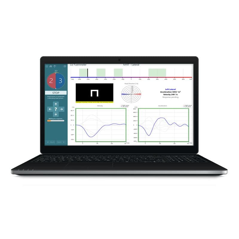 Laptop con schermata del software Functional Vision Head Impulse Test.