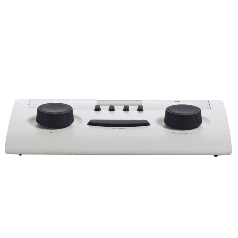 Interacoustics AS608, et bærbar audiometri system med en stor skærm, der viser auditive data, og et tastatur til indtastning af data