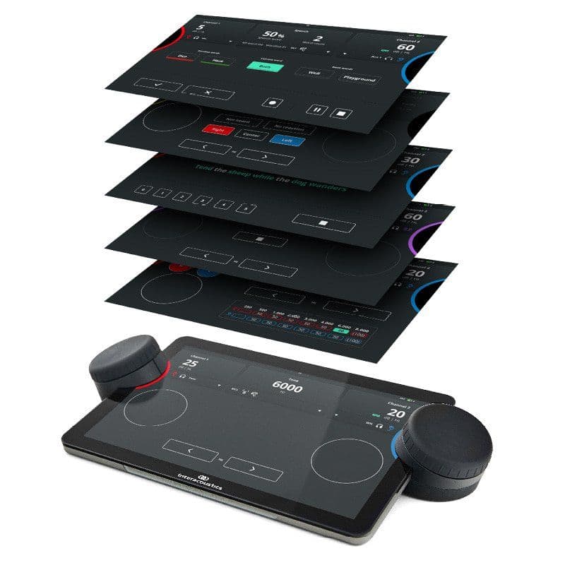 The Interacoustics Touch Keyboard is showcased with its various test screens displayed above the keyboard
